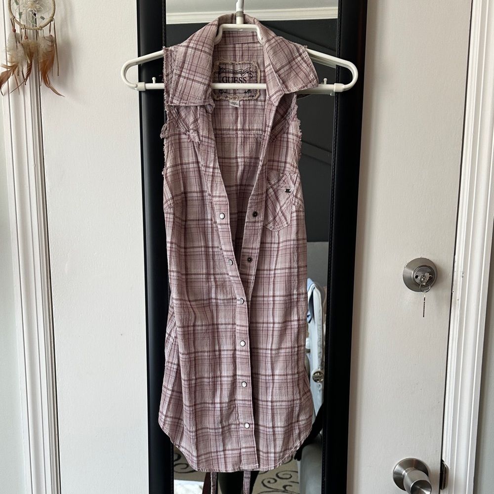 Guess Sleeveless Plaid Tunic in Mauve and Cream